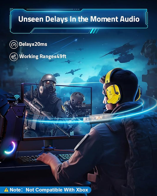 Wireless Gaming Headset for PC, PS5, PS4, Mac, Switch, 2.4GHz USB Dongle Wireless Gaming Headphones with Microphone, Bluetooth 5.4, 50mm Driver, Stereo Sound, Cool Lighting, 50H Battery-Yellow