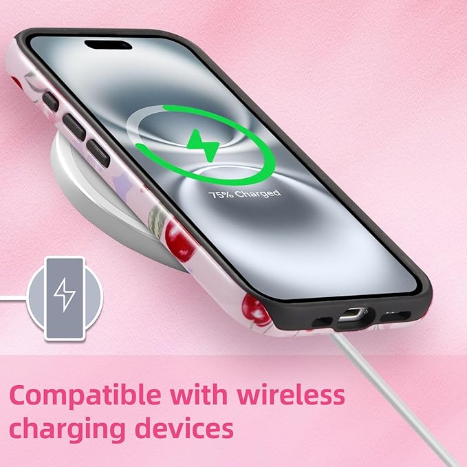 QLTYPRI Case for iPhone 16 Plus, Aesthetic Cute Pink Cherry Bow Phone Case for Girls Women, Protective Hybrid 2-Layer Hard Shell Silicone Cover Durable Shockproof Phone Cover - Pink