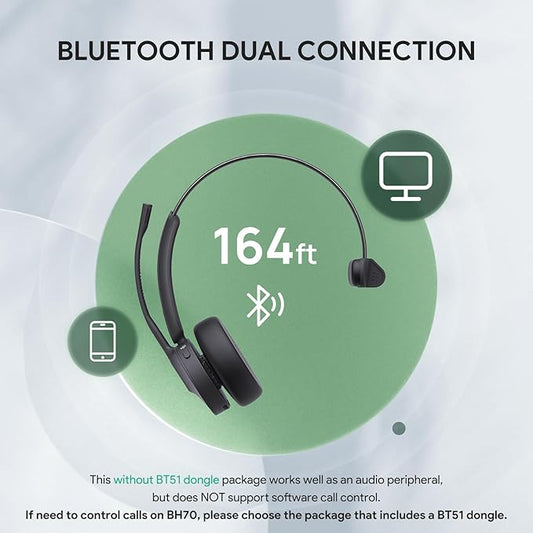 Yealink BH70 UC (NO Dongle) Wireless Bluetooth Headset with Microphone for Work, 35h Talking Battery Life, 3-Mic Noise Cancellation Headsets for Computer, 91g Lightweight Headphone for Open Office