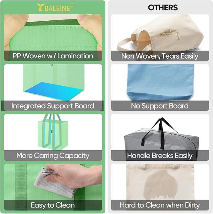 BALEINE 4 PK Grocery Bags Reusable Shopping Bags with Reinforced Bottom, Heavy Duty Foldable Tote BagsLight Green, 4 Pack