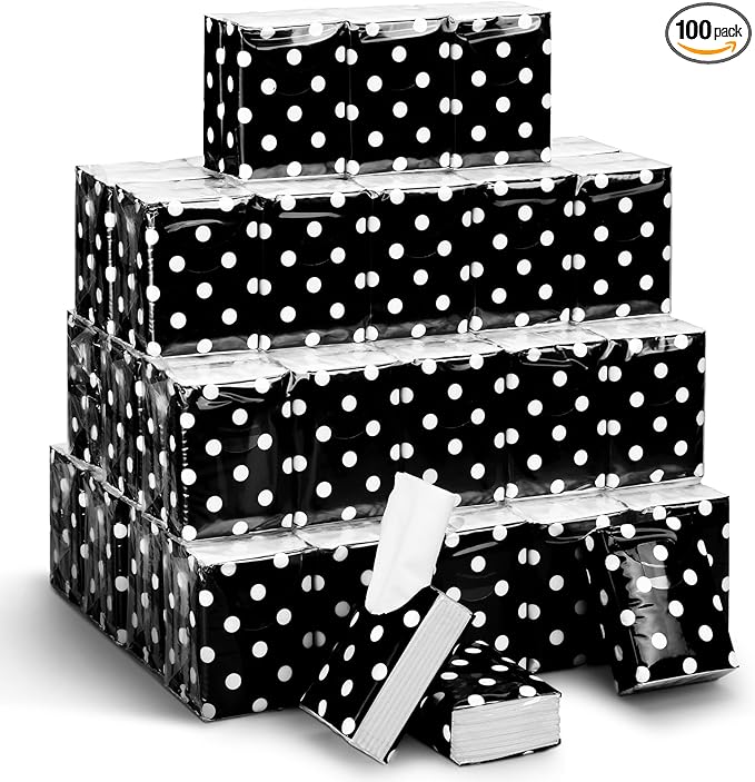 Therwen 100 Pack Pocket Tissues Travel Packs Bulk 1000 Sheet Mini Tissues Bulk 3 Ply Small Travel Size Paper Individual Pocket Size (Classic Polka Dots)