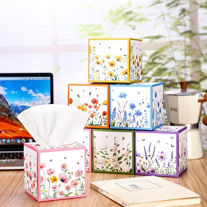 12 Pack Summer Floral Facial Tissues Cube Boxes 600 Sheets 3 Ply Small Square Wildflowers Face Tissues Bulk for Summer Car Bedroom Supplies