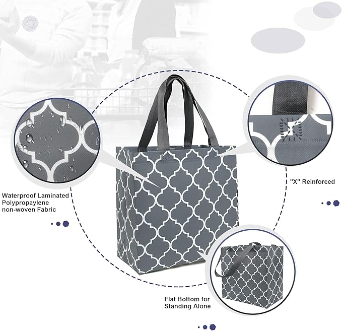 BeeGreen 6-Pack Foldable Reusable Grocery Bags – Large Cloth Tote Bag with Handles, Bulk Shopping- Bags in Geometric Design, Shopping Baskets, Utility Reusable Gift for Groceries