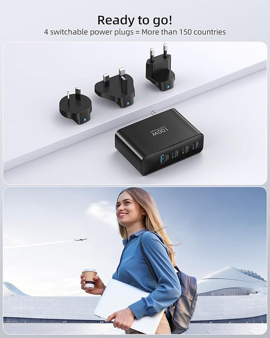 100W USB C Travel Charger, 4-Ports Foldable Travel Adapter Plug Converter with UK/EU/AU Plugs, Fast Charging for MacBook Pro/Air, iPad Pro, iPhone 15/14 Pro Max, for 45w Samsung Galaxy, Black