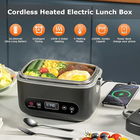 1.2L Cordless Electric Lunch Box – 20000mAh Rechargeable Portable Food Warmer with 5-Sided Heating, Auto Temperature Control, Leakproof & BPA-Free – Perfect for Office, Truck, Outdoors Black