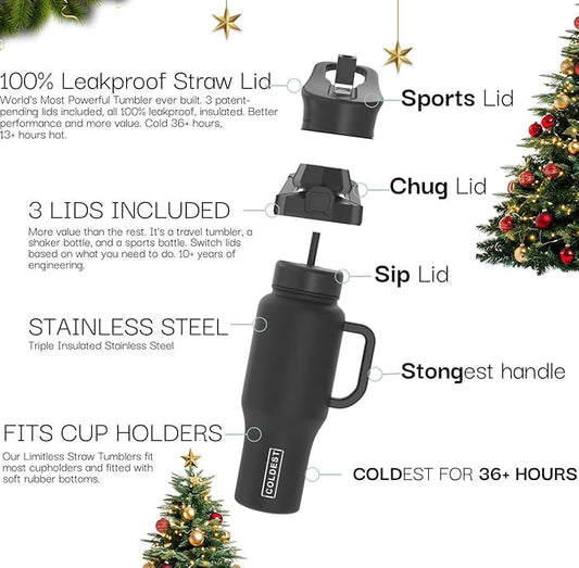 Coldest Tumbler with Handle and Straw - 100% Spill Proof Tumbler with Straw (3 Lids) - Stainless Steel Insulated Leakproof Tumblers for Women & Men - Cup Holder Friendly - 46 oz (Verbena Nova)