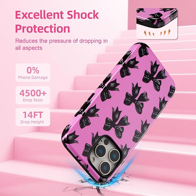 QLTYPRI Case for iPhone 15 Pro Max, Aesthetic Black Ribbon Bow Phone Case for Girls Women, Protective Hybrid 2-Layer Hard Shell Silicone Cover Durable Shockproof Phone Cover - Rose Red