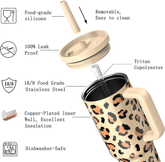 TILUCK 40 oz Tumbler with Handle, Vacuum Insulated Stainless Steel Travel Mug with 100% Leak-Proof Silicone Straw Lid, Cupholder Friendly Water Bottle(Leopard, 40oz)