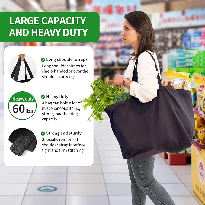 3 Pack Heavy Duty Reusable Canvas Grocery Bags, Holds 60 lbs, 8.3 gal Multi-Purpose Washable Bags with 5 Pockets, Black