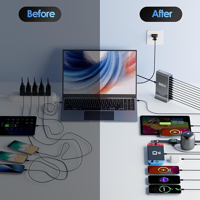 800W USB C Charger Block, 10 Port Charging Station, GaN Ⅲ Charging Station for Multiple Devices, Travel Charger for Multiple Devices, USB C Charging Hub Compatible with MacBook iPhone iPad Dell