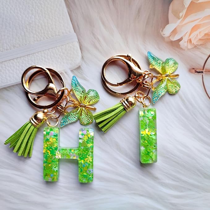 Cute Initial Letter Keychains for Women Girls Tassel Butterfly Pink Purple Green Keychain for Backpack School Bag