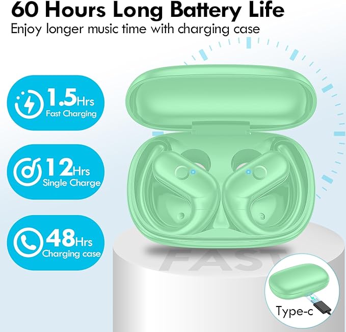kurdene Wireless Earbuds Bluetooth Headphones Sport,Over Ear Buds with Deep Bass Sound,60Hrs Playtime Earphones Redesigned Comfort Fit with Earhooks for Running,Meeting,Workout-Mint Green