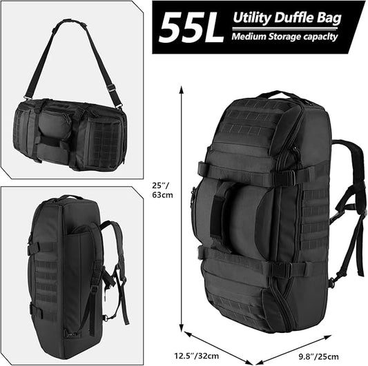 55L Large Duffle Bag, 3-in-1 Tactical Backpack MOLLE Pack for Sports, Gym, Outdoor, Black