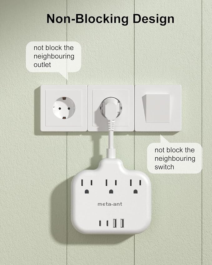 European Travel Plug Adapter 3 inch, International Plug Adapter, US to Europe Plug Adapter with 3 Outlets 4 USB Ports(2 USB C), Type E F Power Adapter to Italy Spain France Portugal Iceland Germany