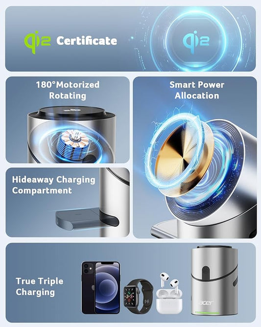 Acer 3 in 1 Charging Station for Apple - Qi2 15W iPhone Wireless Charging Station, Magsafe Charger Stand for iPhone 16 15 14 13 12 - Apple Watch - Airpods Series (Charger & USB-C Included)