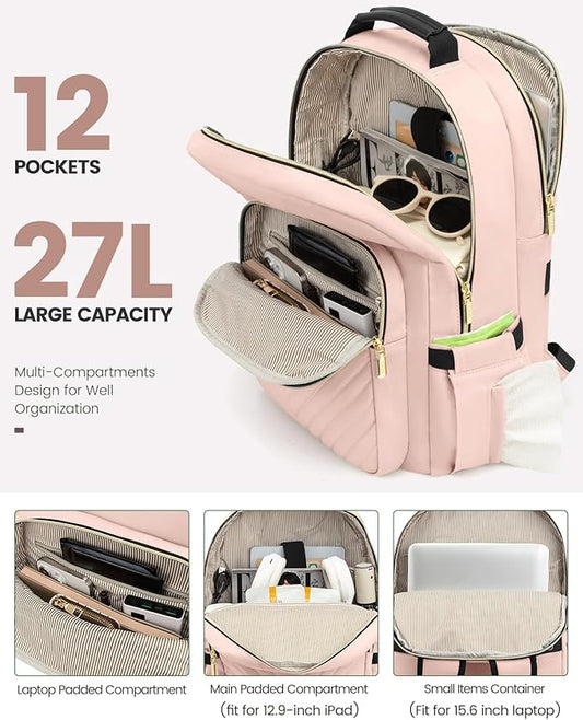 LOVEVOOK Laptop Backpack Purse for Women, Large Capacity Travel Business Computer Work Bag, Quilted Casual Nurse Backpack for Womens, Fit 15.6 Inch Laptop with USB Port, Nude