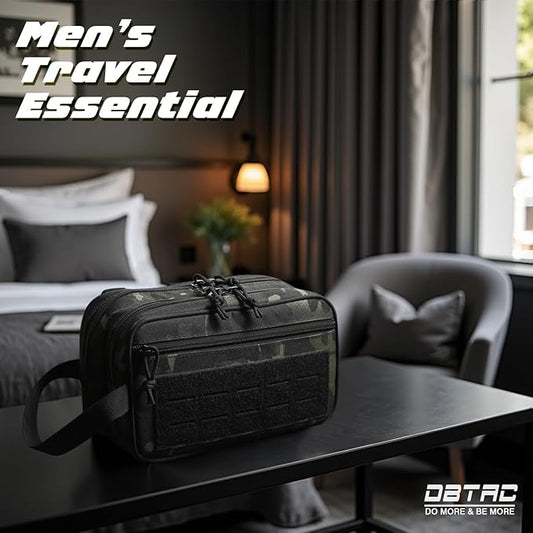DBTAC Tactical Toiletry Bag for Men | Dry Wet Separate Hygiene Bag Compact Dopp Kit Mens Shaving Kit Travel shower Bag (Black Camo)