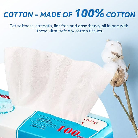 Multi-Purpose 100% Unscented Cotton Tissue Soft Dry Facial Cotton Wipes for Sensitive Skin, , White (Pack of 18)