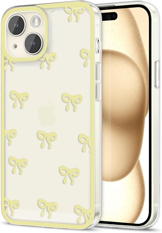 EYZUTAK Case for iPhone 15, Clear Cute Ribbon Bowknot Pattern Aesthetic Transparent Phone Case Raised Camera Protection Stylish Slim Soft Durable TPU Protective Cover for Women Girls - Yellow
