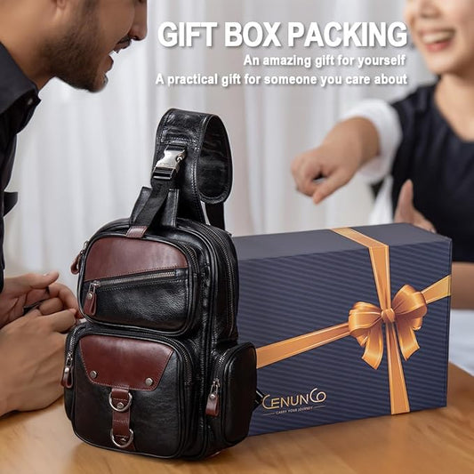 Genuine Leather Sling Bag for Men Large Crossbody Shoulder Bag Casual Sling Backpack Anti-Theft Travel Chest Purse