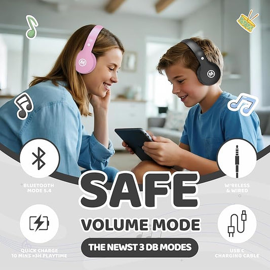 Headphones Kids Bluetooth 5.4 Wireless Play Time 68H Safe Volume Limit 85/94dB Over-Ear Foldable Headset,Fast Charging,with Aux Cord Built-in Mic for Toddler Child Pad Study Tablet Black