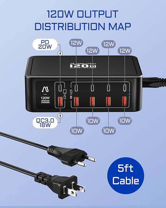 10-Ports USB C Charging Station, 120W Travel USB Power Strip with EU European Plug and US Plug, Multiport Charging Hub for iPhone 15/14/13/12, iPad Air/Pro, Galaxy -Black
