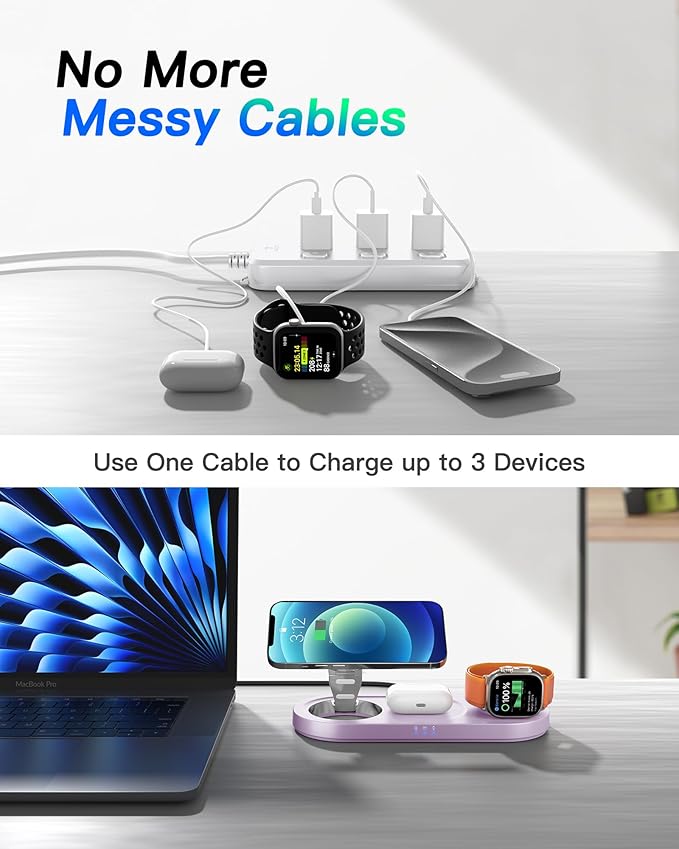 Upgraded 3 in 1 Wireless Charging Station for Apple Devices, Faster Mag-Safe Charger Stand, Magnetic Charger Station for iPhone 16/15/14/13/12 Series & AirPods Pro & Apple Watch Series (Purple)