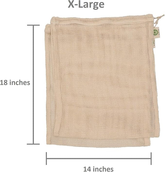 Cotton Mesh Produce Bags - Washable, Organic Cotton Vegetable Storage Bags - Large Net Mesh Onion & Potato Storage Sacks - 14"x18" (6 XL)