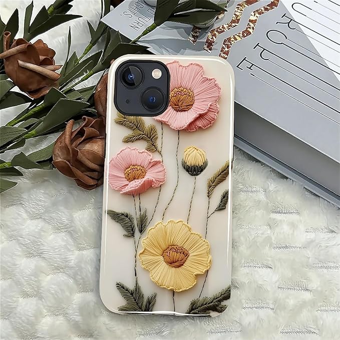 Case for iPhone 15 Plus Case,Faux Embroidery Boho Floral Design - Hybrid Dual Protection Silicone + Hard PC Shockproof Full Body Cover Slim Anti-Scratch Protective Case for Men Women