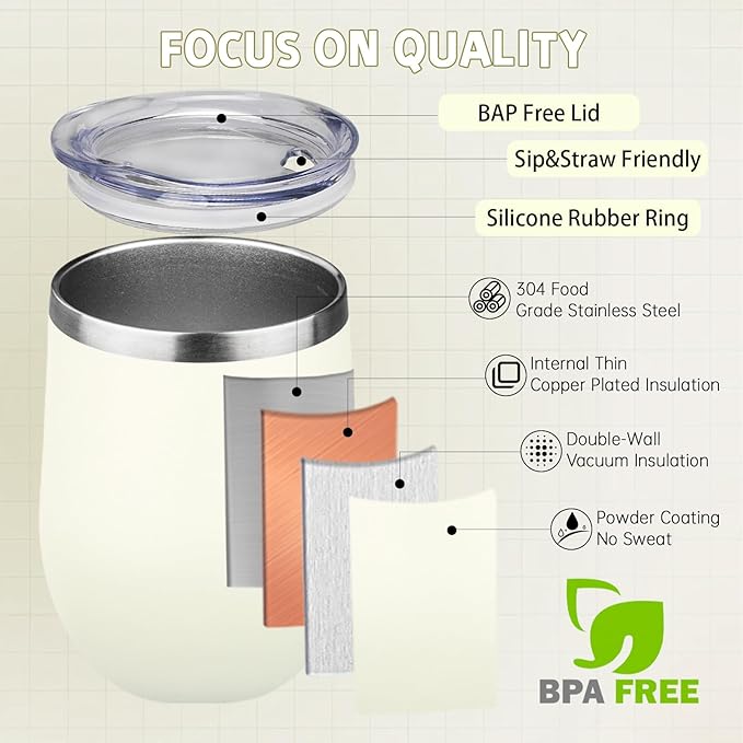 12oz/6 Pack Stainless Steel Wine Tumbler with Lid and Straw, Double Wall Vacuum Insulated Wine Tumbler Glasses, Stemless Travel Mugs for Hot and Cold Drinks, Coffee, Wine, Cocktails(Mix Color-1)