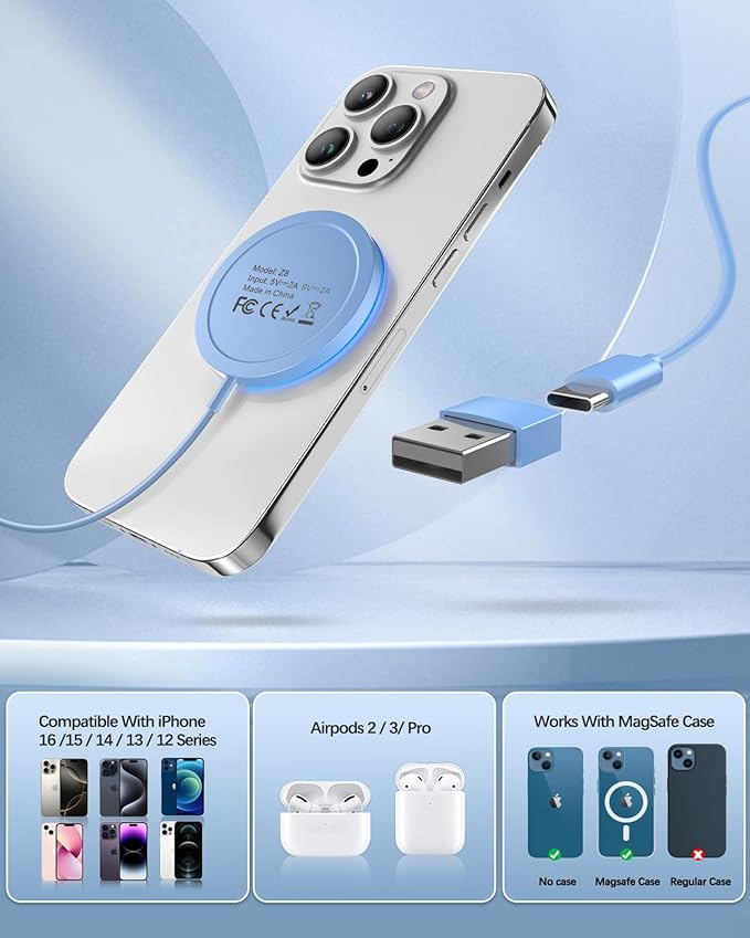 Magnetic Wireless Charger Fast Apple Mag-Safe Charger for iPhone 15 Pro Max/15 Pro/15/15 Plus/14/13/12 Series AirPods 3/2/Pro/Pro 2 LED Magnet Charging Pad with Dual Charging Ports Blue