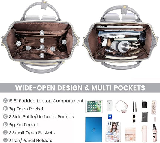 LOVEVOOK Leather Laptop Backpack for Women 15.6 inch,Travel Backpack Purse Nurse Teacher Backpack Computer Laptop Bag,Professional College Business Work Carry On Backpack with USB Port,Elephant Grey