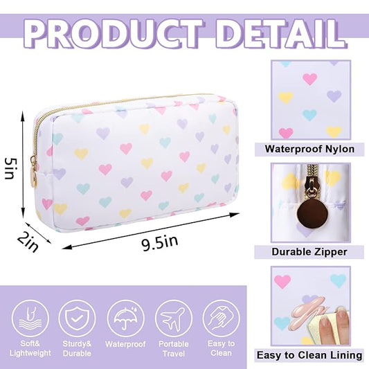 Small Makeup Bag Pouch for Purse,Nylon Travel Toiletry Storage Bag Cute Makeup Organizer Bag for Women Girls,Preppy Waterproof Cosmetic Bag Pouch Skincare Bag Purse with Zipper (Small-White Heart)