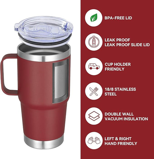 VEGOND 20 oz Tumbler Bulk with Handle Lid and Straw, Stainless Steel Insulated Travel Coffee Mug Set, Spill Proof Double Wall Metal Tumblers Cups, Wine Red 6 Pack