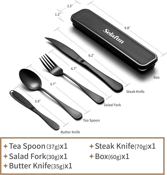 5-pieces Travel Set with Case Portable Silverware Utensils Set for work, Stainless Steel Reusable Flatware Set Cutlery Set for Camping Picnic Hiking Office, (matte black, 5.9)