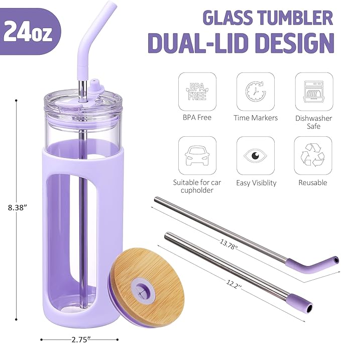 Kodrine 24oz Glass Tumbler with 2 Lids and Straws, Glass Cup With Bamboo Lid and On-the-go Lid, Reusable Iced Coffee Cup, Ideal for Smoothie, Cold Drinks, Fit Cup Holder, BPA Free (1, Purple)