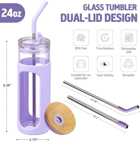 Kodrine 24oz Glass Tumbler with 2 Lids and Straws, Glass Cup With Bamboo Lid and On-the-go Lid, Reusable Iced Coffee Cup, Ideal for Smoothie, Cold Drinks, Fit Cup Holder, BPA Free (1, Purple)