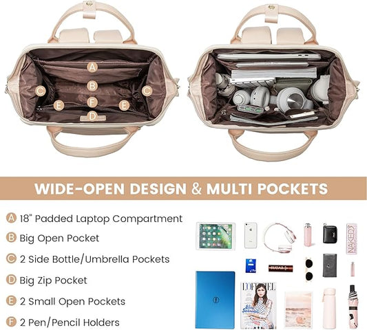 LOVEVOOK Leather Backpack for Women,18 inch Leather Laptop Backpack Women,Professional Work Backpack Nurse College Teacher Bag,Womens Laptop Tote Bag Computer Travel Backpack Purse,Beige-Flesh Beige