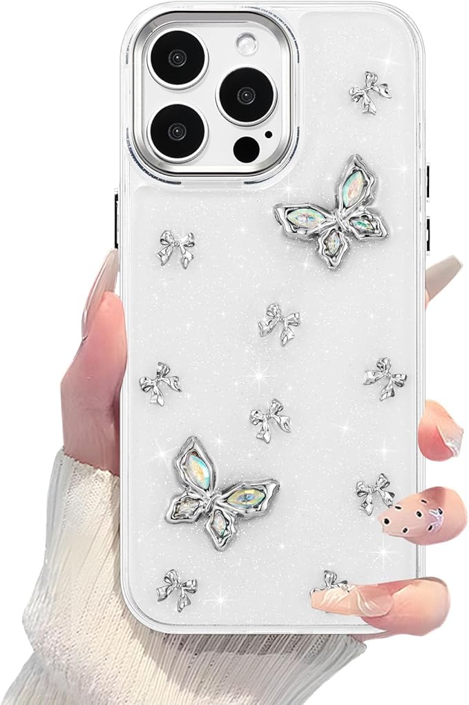 EYZUTAK Case for iPhone 14 Pro Max, Bling Glitter 3D Butterflies Bowknot Phone Case Cute Crystal Clear Bow Aesthetic Case Slim Soft Durable TPU Transparent Protective Cover for Women Girls - Butterfly