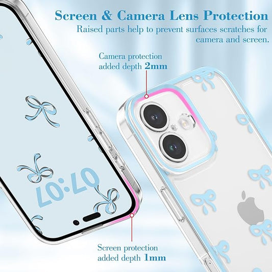 EYZUTAK Case for iPhone 17, Clear Cute Ribbon Bowknot Pattern Aesthetic Transparent Phone Case Raised Camera Protection Stylish Slim Soft Durable TPU Protective Cover for Women Girls - Blue