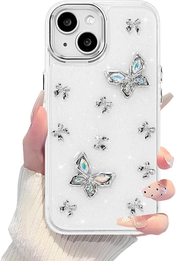 EYZUTAK Case for iPhone 14 Plus, Bling Glitter 3D Butterflies Bowknot Phone Case Cute Crystal Clear Bow Aesthetic Case Slim Soft Durable TPU Transparent Protective Cover for Women Girls - Butterfly
