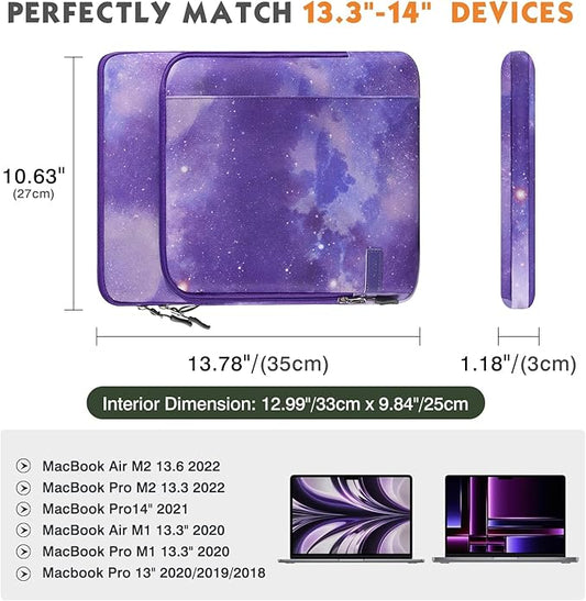 MoKo Laptop Sleeve Bag for 13.3-14 Inch, Notebook Carrying Case with Pocket Fits 13 inch iPad Air M3 2025, MacBook Pro M3/2 14"/13" M2/M1 Max 14.2/Air 13.6, Surface Pro 9/8 13",Purple Starry Sky