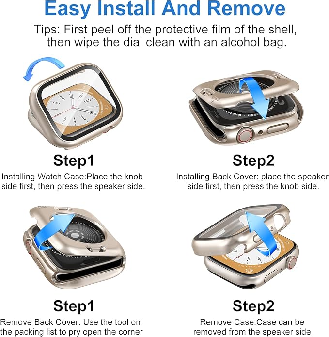 3 in 1 Waterproof Case for Apple Watch Screen Protector 45mm Series 9 8 7 Accessories Built-in Tempered Glass Film,Front and Back PC Hard Bumper 360° Protective Face Cover for iWatch 45mm