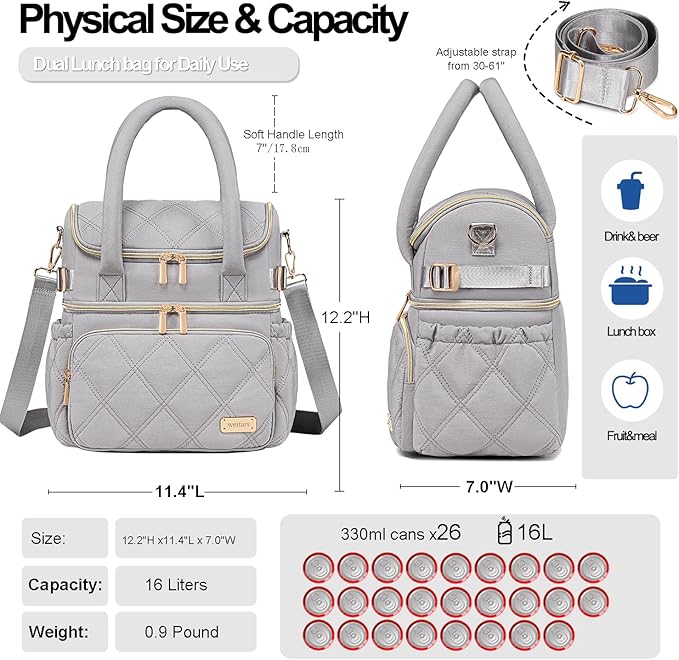 Weitars Lunch Bag for Women Men,Double Deck Lunch Box for Women,Quilted Lunch Tote for Work,Insulated Lunch Cooler Leakproof Lunchbox for Adult with Shoulder Strap &Pockets for Picnic Hiking (Gray)