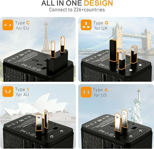 Universal Travel Adapter Worldwide- 35W GaN III/PD Fast Charge European Travel Plug Adapter with 3 USB-C& 2 USB-A Ports, International Power Adapter for US to Europe UK AUS Japan(Type C/G/A/I) (black)