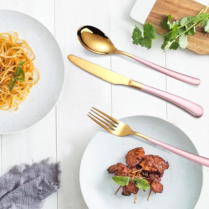 MURRI&MURRDI Stainless Steel Cutlery Set for 1, Reusable Flatware Set with Case, Cutlery Set for Work Stainless Steel Knife Fork Spoon Set 3 Piece (B- 3 Pink Gold)