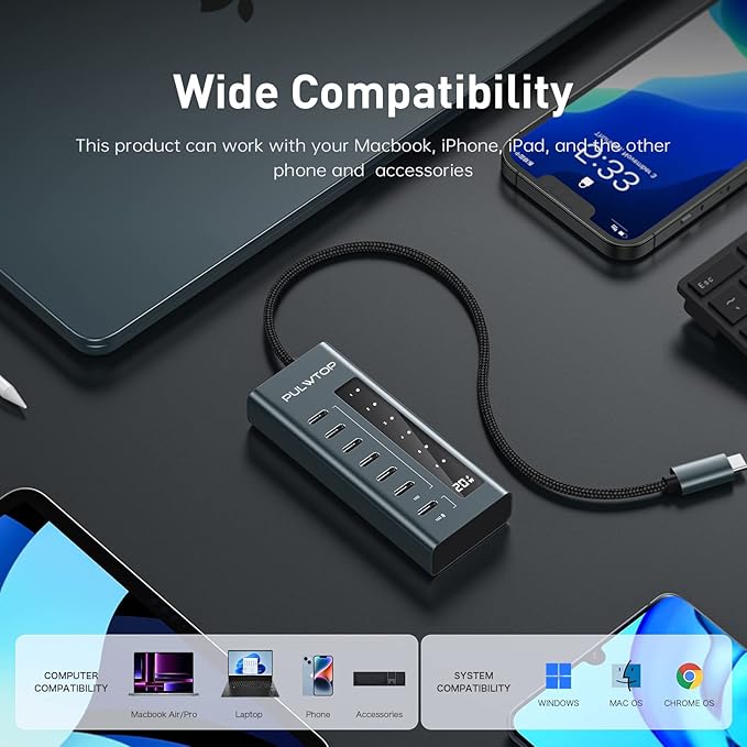 USB C Hub for Laptop, 7 in 1 10Gbps USB Adapter Support Data & Charging(Not Support Video), USB Hub 10Gbps Ports for iMac, MacBook Pro/Air, iPad, XPS, USB Hub Multiport Adapter