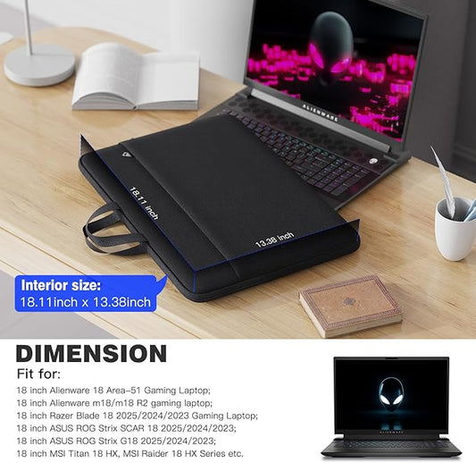 18-19 Inch Gaming Laptop Sleeve Carrying Case for 18 in Alienware 18 Area-51/m18 R2/m18 Gaming Laptop, 18" Razer Blade, 18" ASUS ROG Strix Scar 18 G18, Acer Nitro 5 18, MSI 18 inch Case Bag, Black