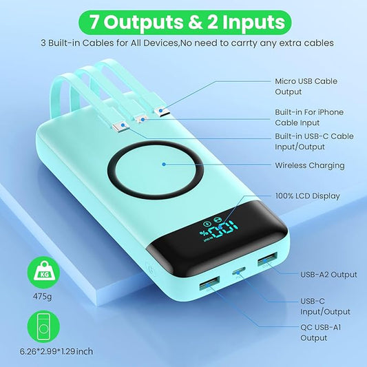 Wireless Portable Charger 40800mAh with 3 Built-in Cables,7-in-1 15W Wireless Charging Power Bank,25W PD QC 4.0 Fast Charging USB C LCD Display Battery Pack for iPhone 16/15/13,Samsung,Android-Green