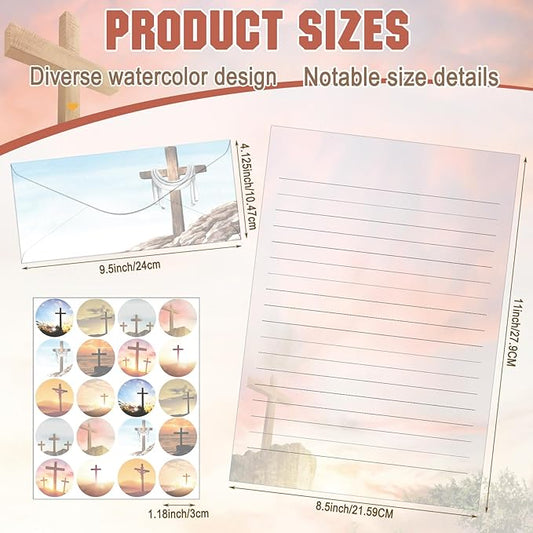 TaoBary 160 Pcs Stationery Paper Set 50 Double Sided Stationery Papers with 50 Matching Envelopes and 60 Round Dot Sticker, 10 Design(Religious Letter with Cross,8.5 x 11 Inch)